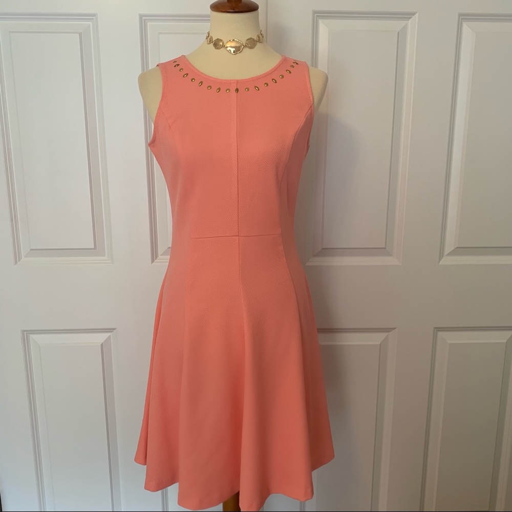 New York & Company Stretch Peach Dress, Gold Studded Collar